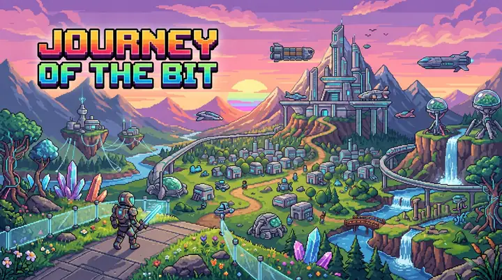 Journey of the Bit studio artwork: a pixel-art explorer overlooks a futuristic valley at sunset.